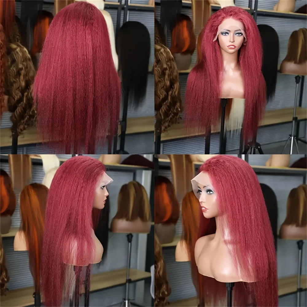 Peluca de cabello humano liso Yaki Borgoña, peluca con malla frontal 13x4 HD, peluca con malla frontal 99J, cabello humano liso Yaki Borgoña rizado
