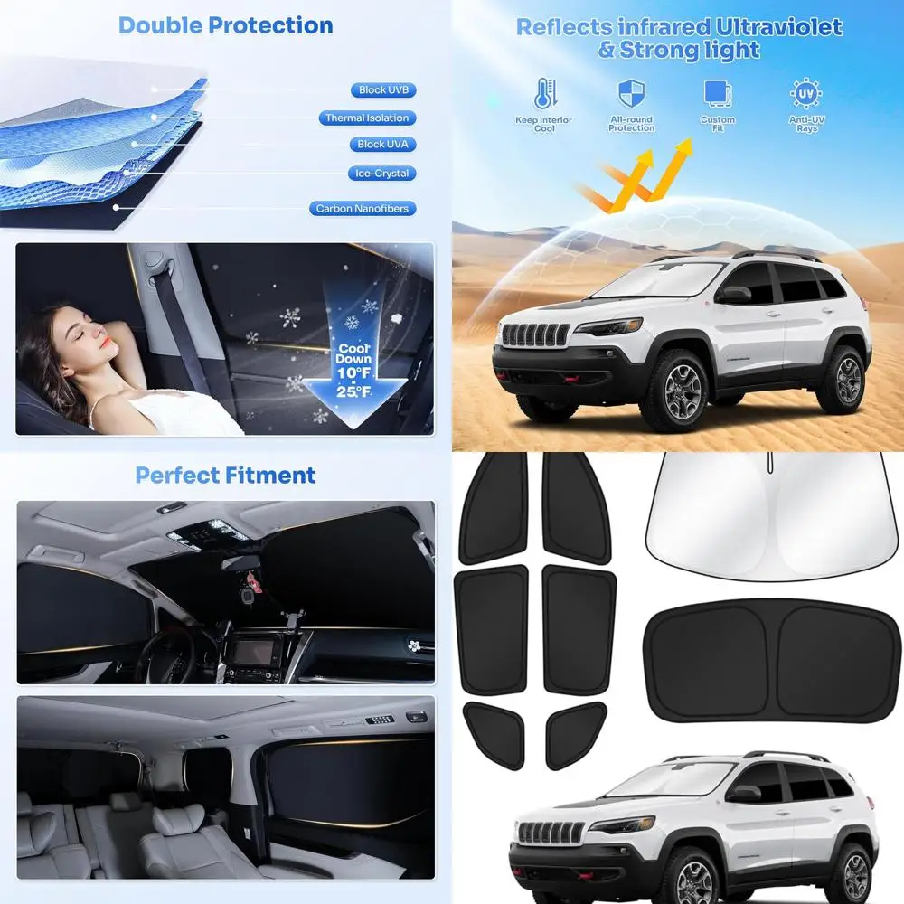

Black 8-Piece Sunshade Set for 2014-2023 Cherokee - Windshield, Side, and Rear Window Covers for Privacy and Temperature Control