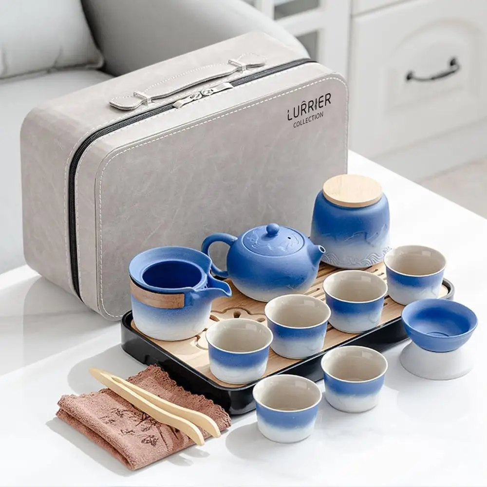 

Portable Ceramic Asian Tea Set for Adults with Grey Leather Case, Ideal for Travel, Home, Office, and Gifts (Blue and White)