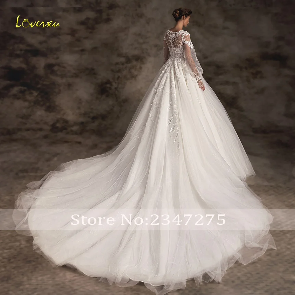 Loverxu-vestidos De Novia elegantes, corte en A, cuello redondo, manga larga abombada, apliques De cuentas, Vestido De Novia hecho a medida con lentejuelas