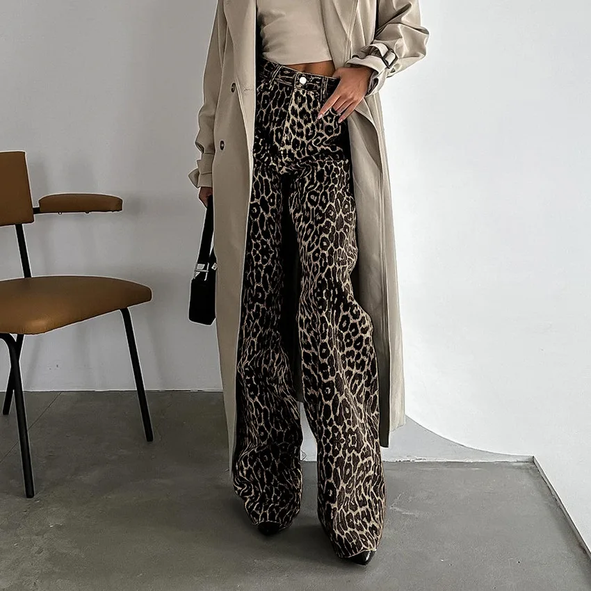 

Vintage Leopard Print Loose Jeans Women Y2K Streetwear High Waisted Denim Wide Leg Pants Casual Korean Baggy Straight Trousers