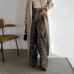 Vintage Leopard Print Loose Jeans Women Y2K Streetwear High Waisted Denim Wide Leg Pants Casual Korean Baggy Straight Trousers