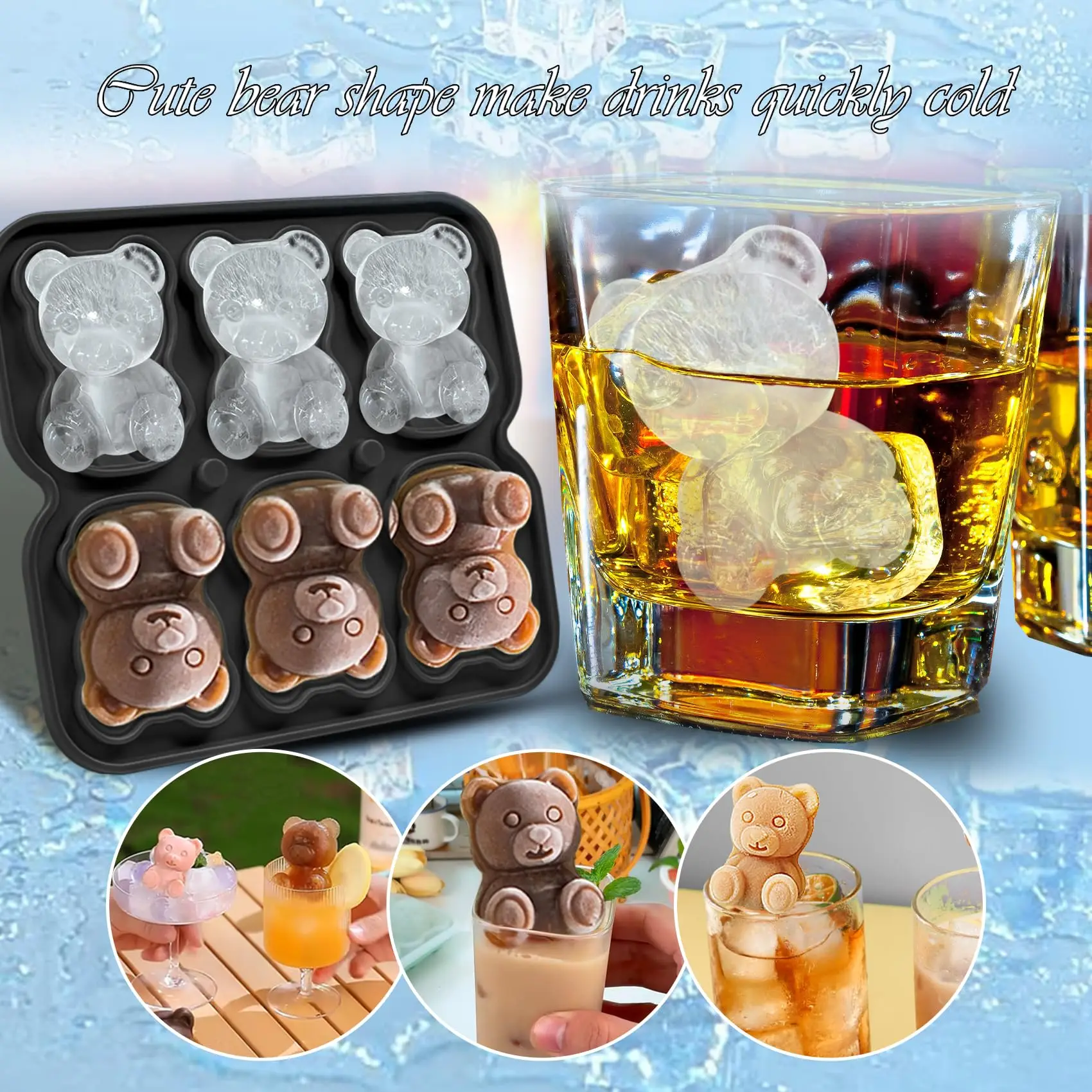 الدب قالب مكعبات الثلج 2/4/6 شبكات ثلاثية الأبعاد سيليكون قابلة لإعادة الاستخدام سبلاش واقية BPA الحرة للويسكي الكوكتيلات المشروبات الشوكولاته الحلوى عدد وأدوات