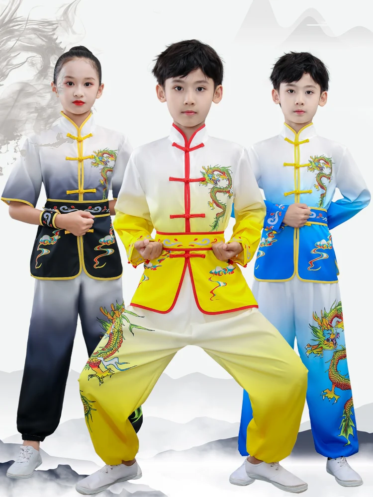 Conjunto de roupas Kungfu vintage para crianças, tai chi wushu, terno de artes marciais, uniforme kung fu, wing chun dragão Shaolin print, chinês, 2024