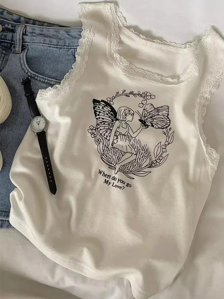 Women's Summer Cartoon Printed White Crop Top Lace Trim Fairy Grunge Slim Fit Ribbed Tank Top Cute Casual Summer Clothes