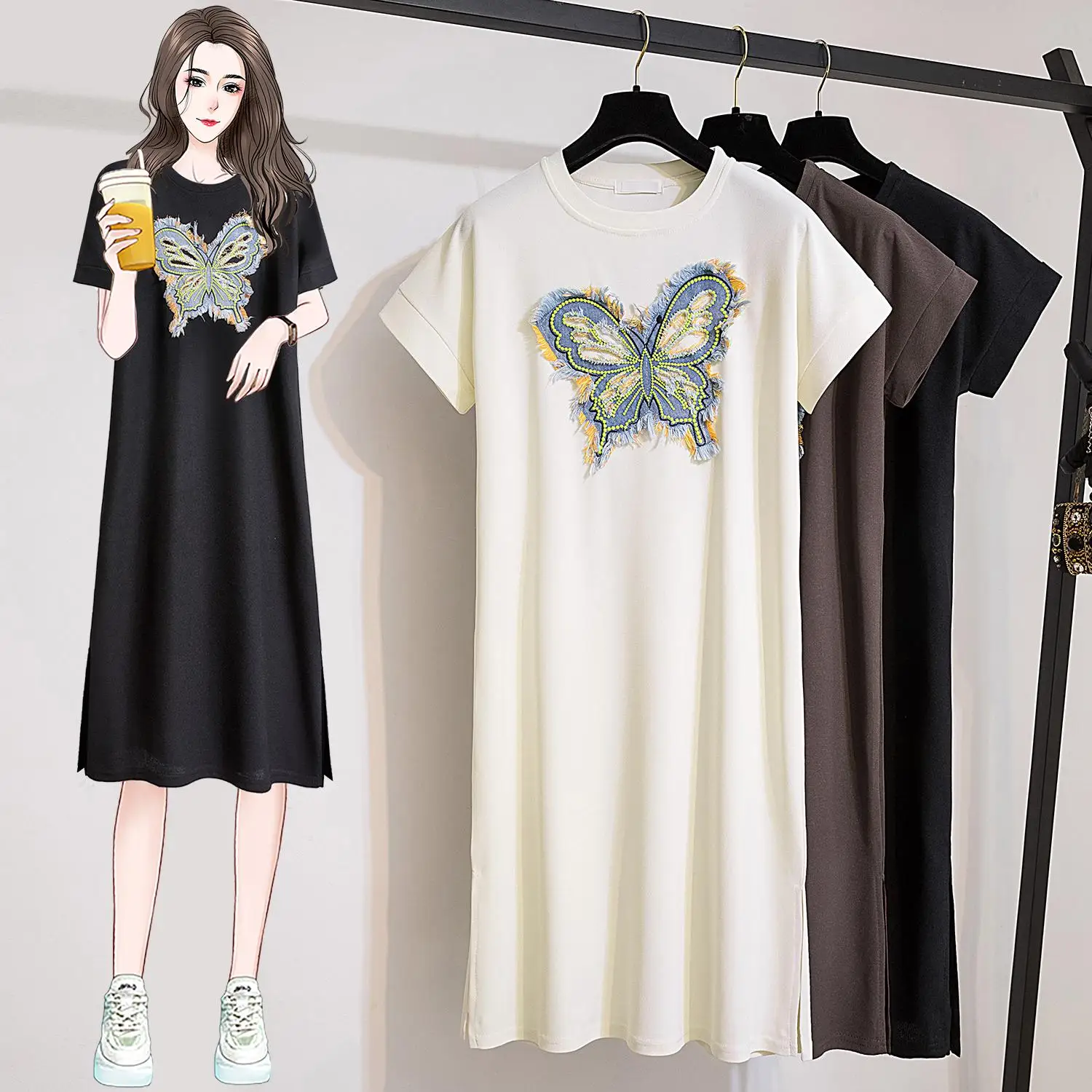 Women Cotton Long T-shirt Dresses Summer Female O Neck Short Sleeve Large Size Elegant Black Apricot Coffee Butterfly Vestidos