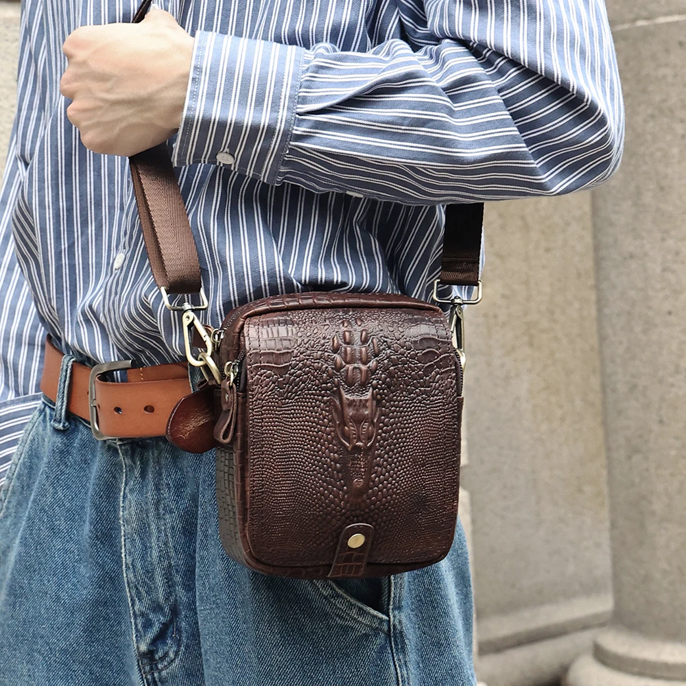 JOYIR-riñonera de piel de vaca auténtica para hombre, bolso cruzado de hombro con patrón de cabeza de cocodrilo, a la moda