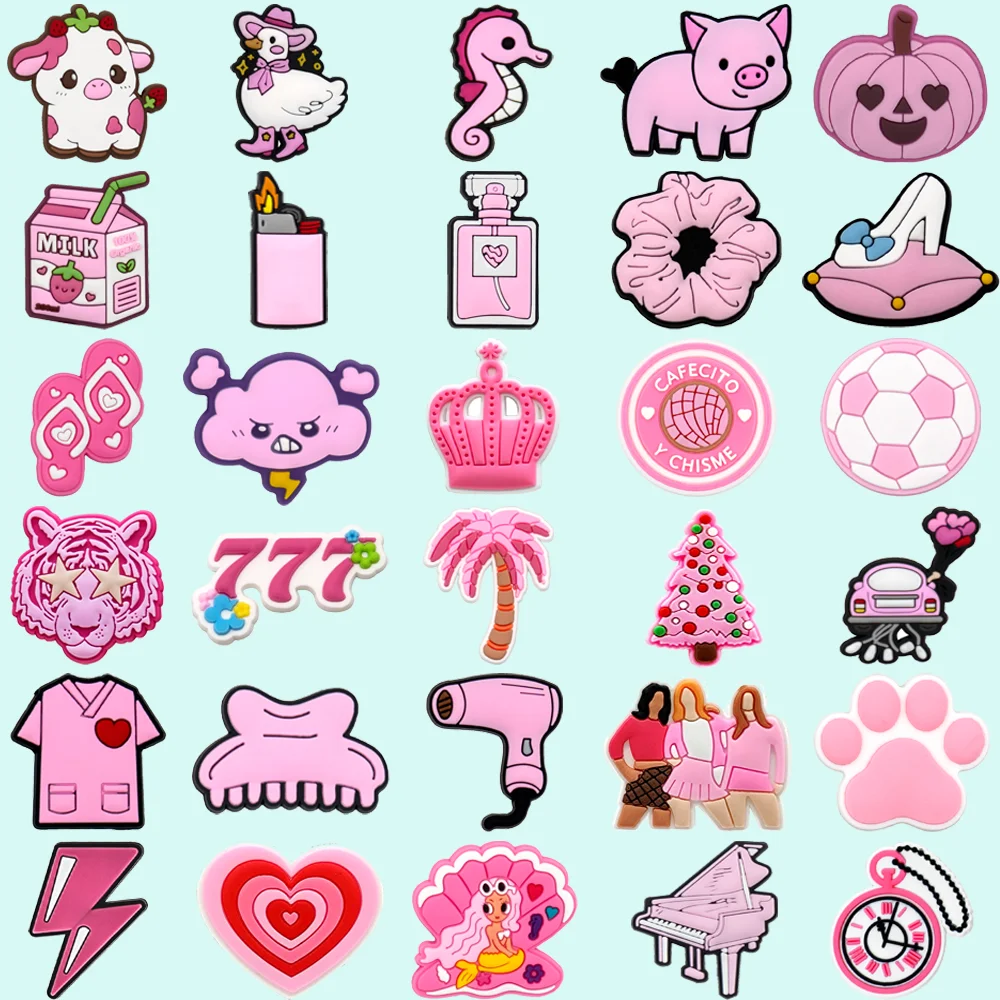 1-30PCS Cute Pink Girl Style Shoe Charms,Animal Heart Crown Pin Accessories for Sandals,Flower Lightning Shoe Clogs Decoration