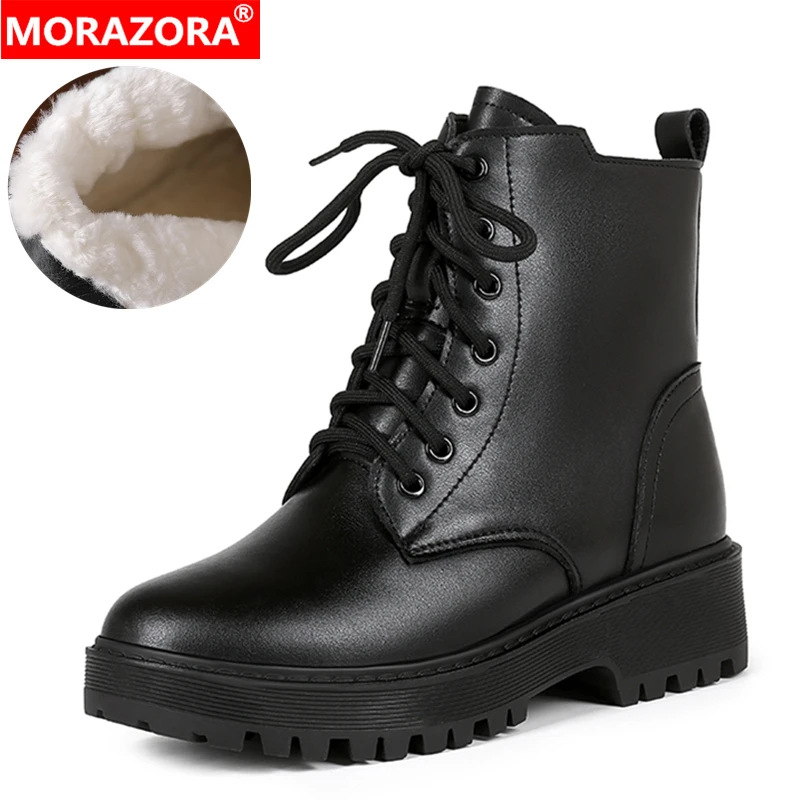 

MORAZORA, зимние ботинки, размеры 35–43, женские зимние ботинки из натуральной кожи и шерсти, базовые ботильоны на шнуровке для женской обуви