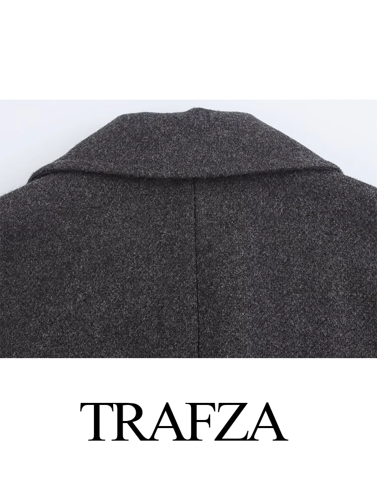 TRAFZA Women\'s Autumn Winter Fashion Loose Double-Breasted Woolen Long Jacket Female Elegant Streetwear Casual Soft Warm Coat