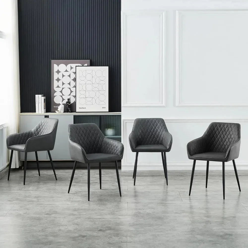 Dining Chairs Grey Faux Leather Kitchen Chairs Set of 4 with Arms Modern Upholstered Chairs for Living Room