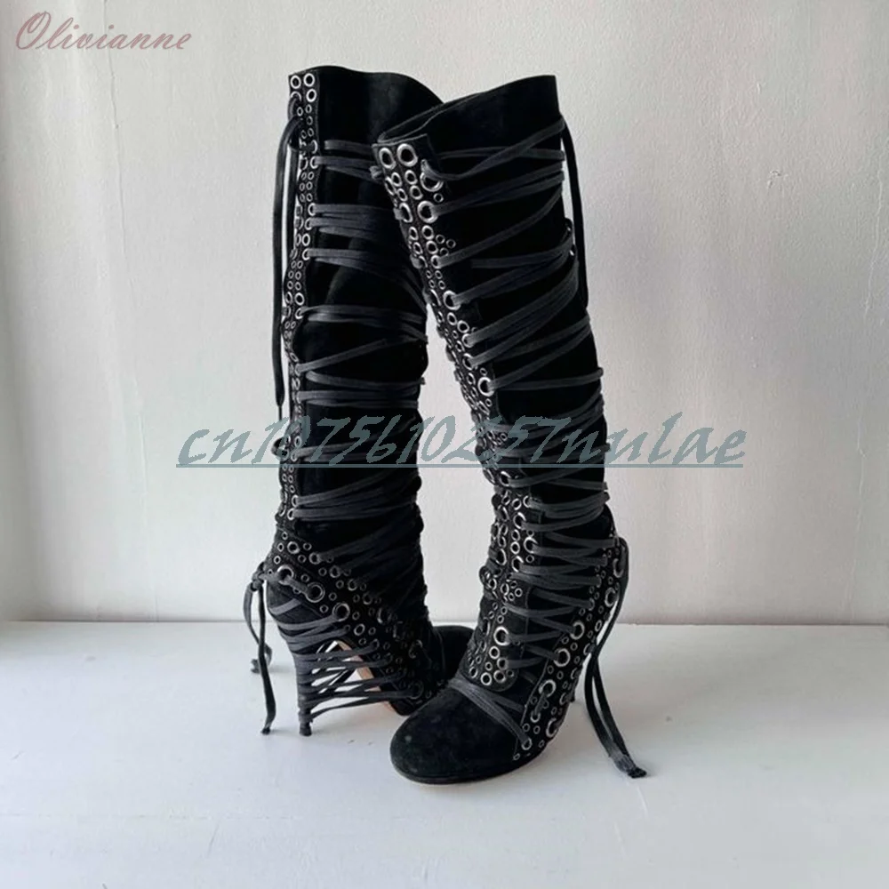 

Sexy Hollow Round Rivets Strappy Mid Calf Boots Round Toe Many BFashion Sexy Strappy Women Shoes 2025 Spring Zapatos Para Mujere