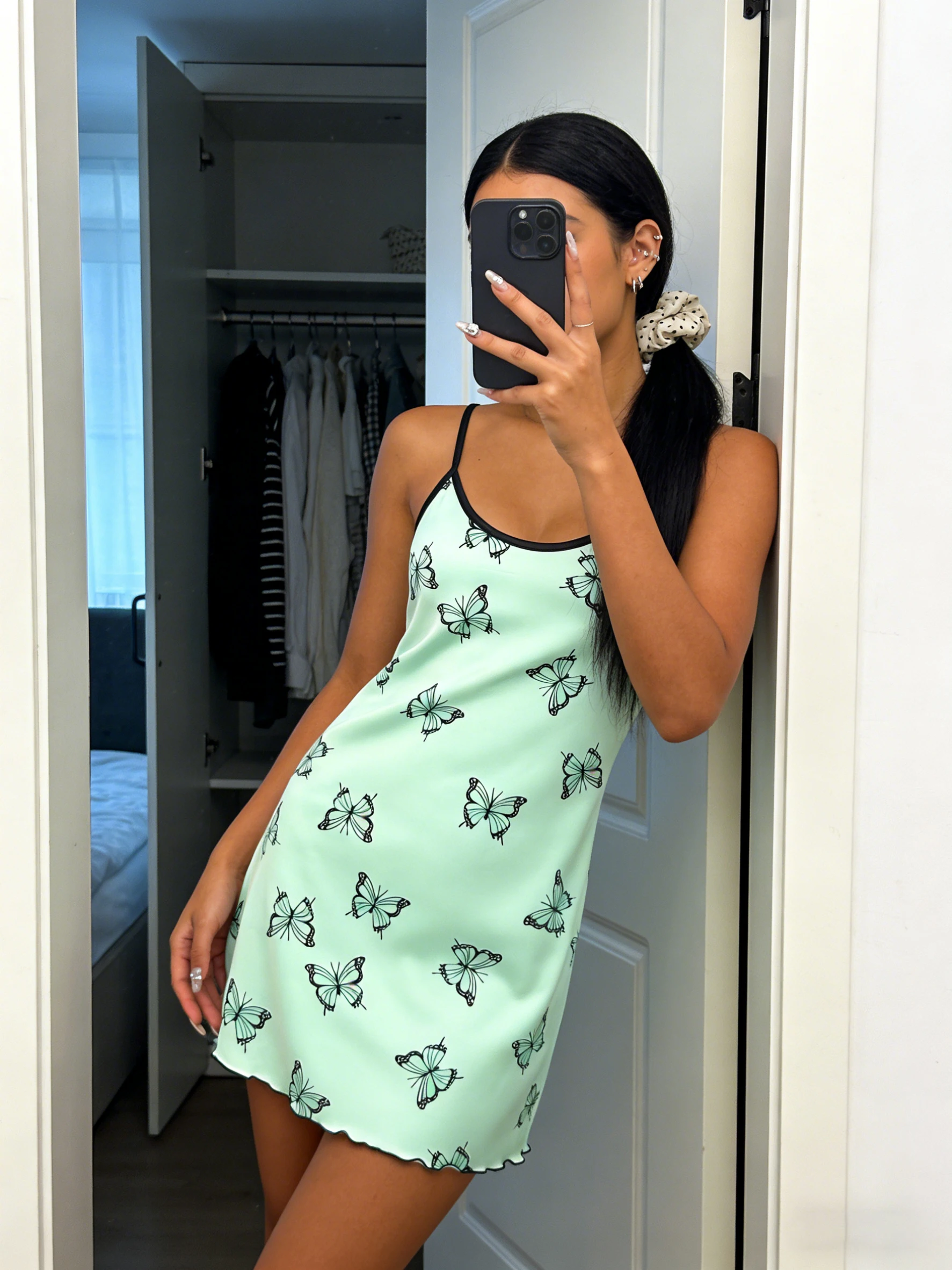 Fresh Butterfly Print Women Nightdress Spaghetti Strap Ruffled Round Neck Homewear Summer