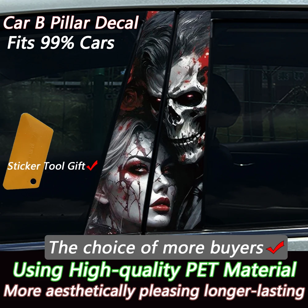 2PCS Bloody Skull Couple Car B-Pillar Sticker Dark Gothic Waterproof Vinyl Decal Auto Middle Column Personalized Decor