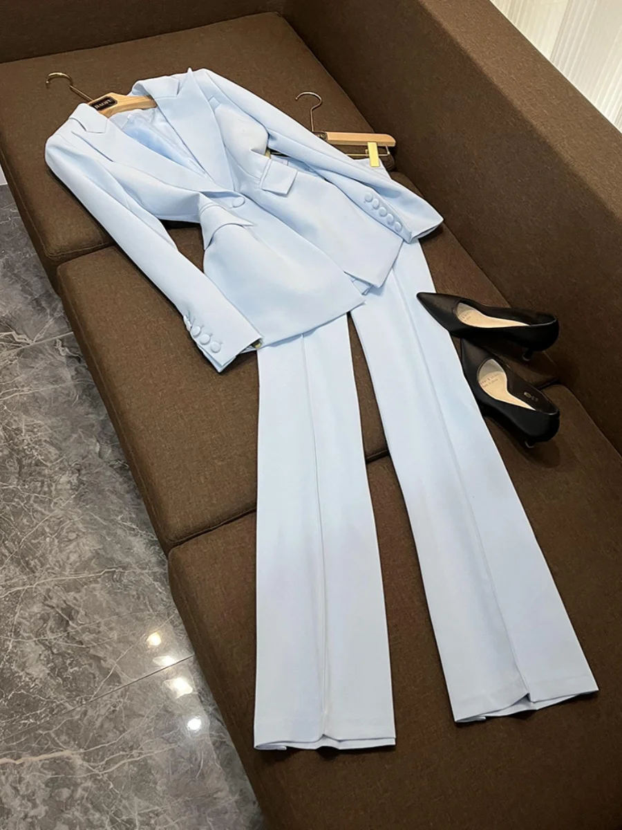 

Faionable One-Button Cloth Button Midi Suit plus Flared Pants Two-Piece Set Profional Wear Spring Autumn Commute Sle
