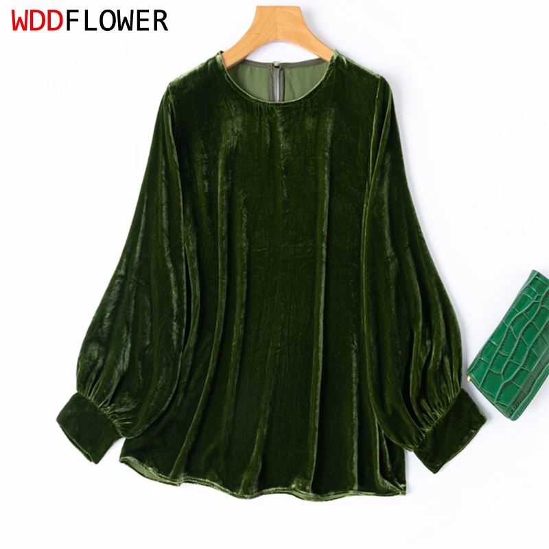 Women Silk Velvet Blouse 100% Mulberry Silk Lining Dark Green  Long Sleeve Shirt Top Pullover Loose Type Office Lady M1460