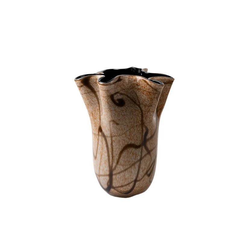 

Medieval style brown irregular stripes large mouth glazed vase creative light luxury model room surprise quiet wind art soft dec