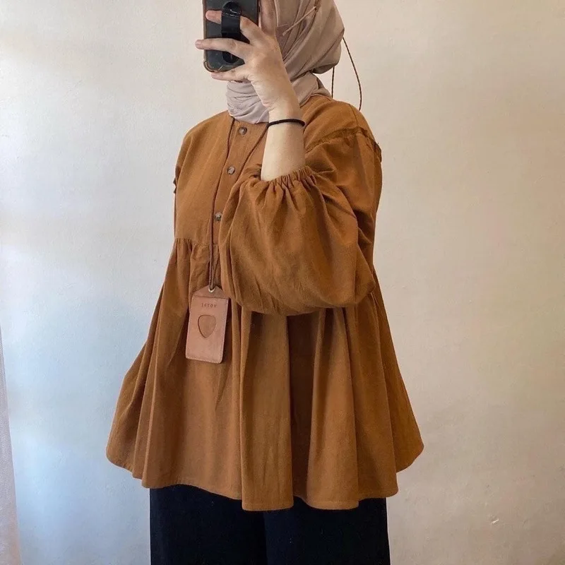 Muslim Blouse Women Autumn Top Folds Shirt Single Breasted Eid Morocco Dubai Morocco Female Blouses Modest Casual Tops Ramadan
