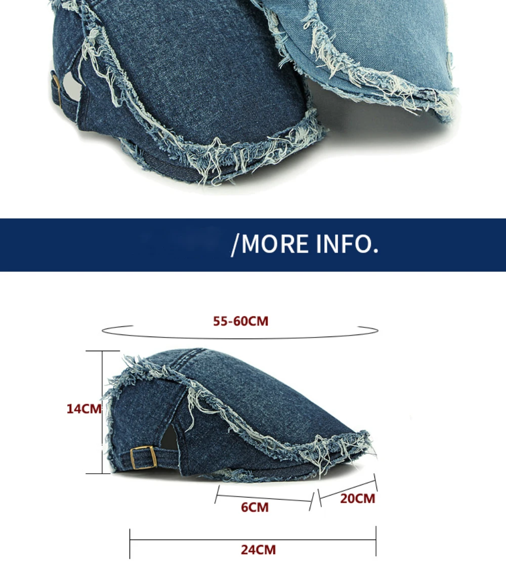 HT4792 Baskenmützen für Herren und Damen, Vintage Künstler-Mütze, Verstellbare Baumwoll-Ivy-Caps, Shabby Denim Baskenmütze – Detail 3