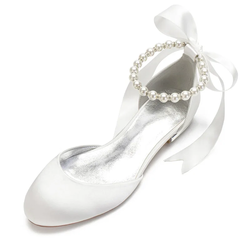 Satin Pearls Wedding Flats for Bride Round Toe Ribbon Tie Evening Formal Party Dress Shoes Women Flat Bridal Sandals