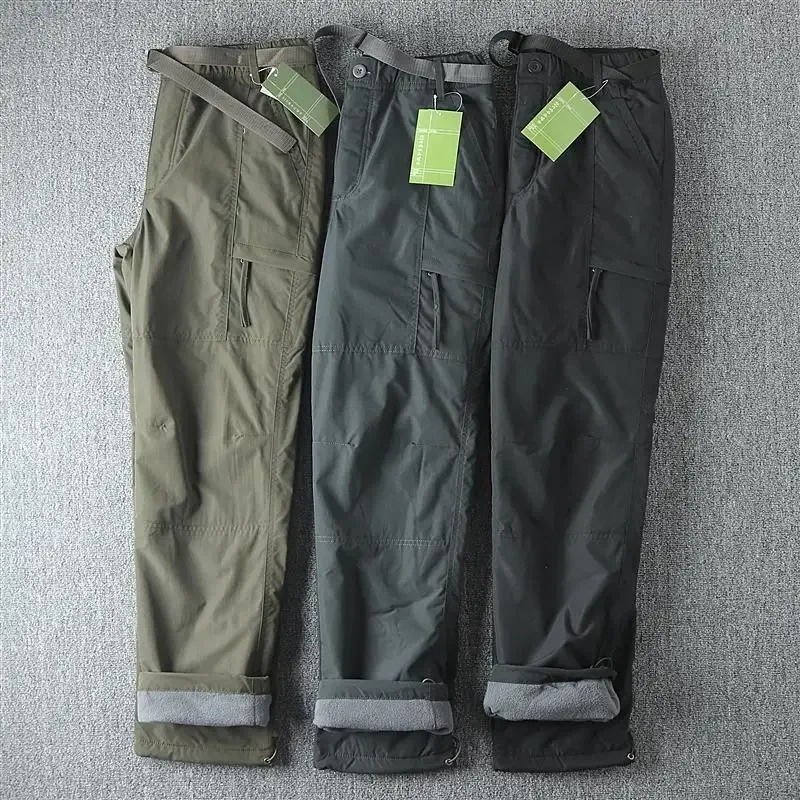 Men's Winter Trousers Cargo Pants Thickened Fleece Lined Loose Fit Plus Size Multiple Pockets Windproof Waterproof Quick Dry