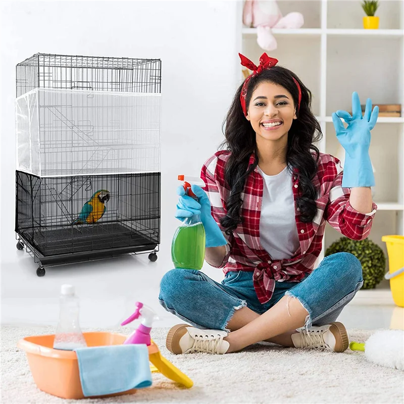 

ABUF-6Pcs Large Adjustable Bird Cage Cover Seed Feather Catcher Universal Birdcage Nylon Mesh Net Cover Soft Airy Skirt Guard