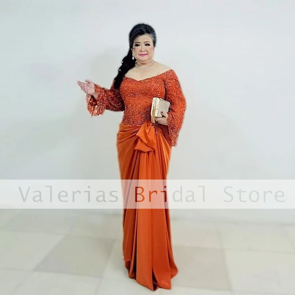 

Elegant Orange Mother Dress Long Sleeve Lace Pleat Floor Length Wedding Party Dresses Formal Evening Gowns Vestidos Para Niñas