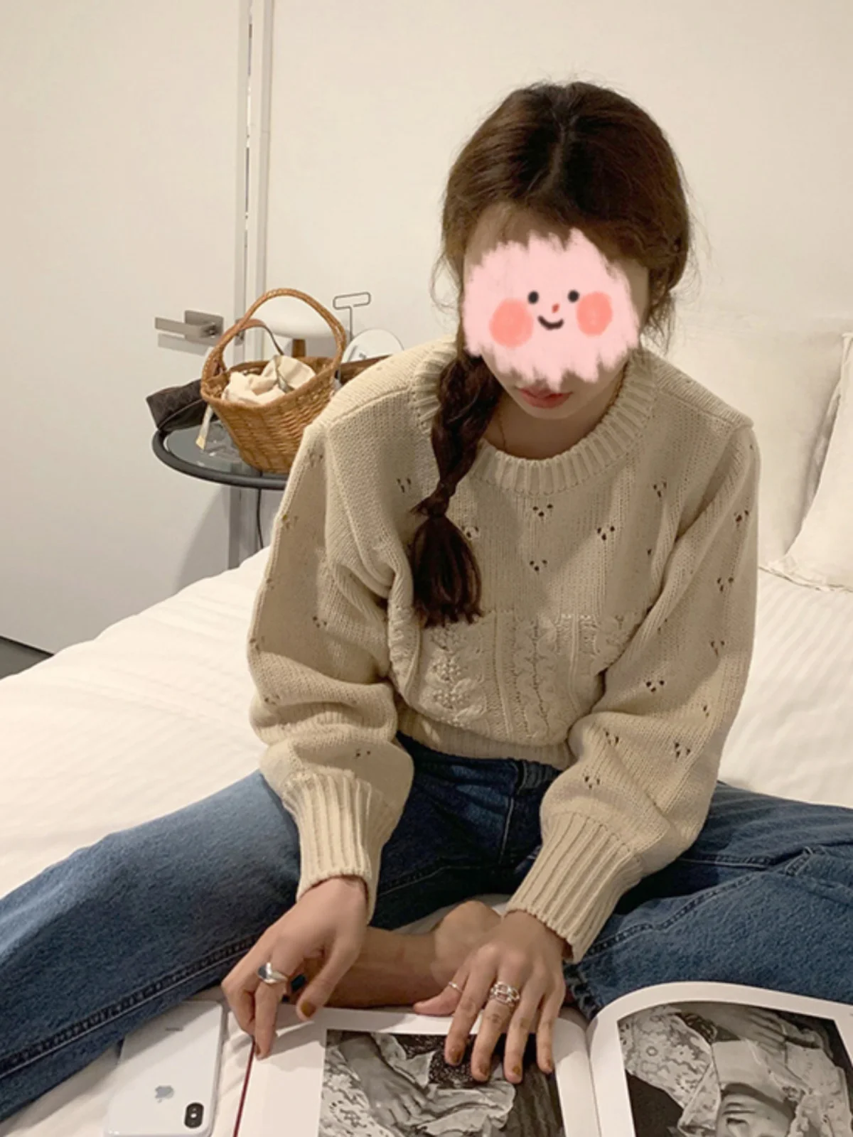 White Knitted Sweater Women's Autumn Winter New Sle round Ne Overhead Vintage Gentle Wind Outerwear Top Women