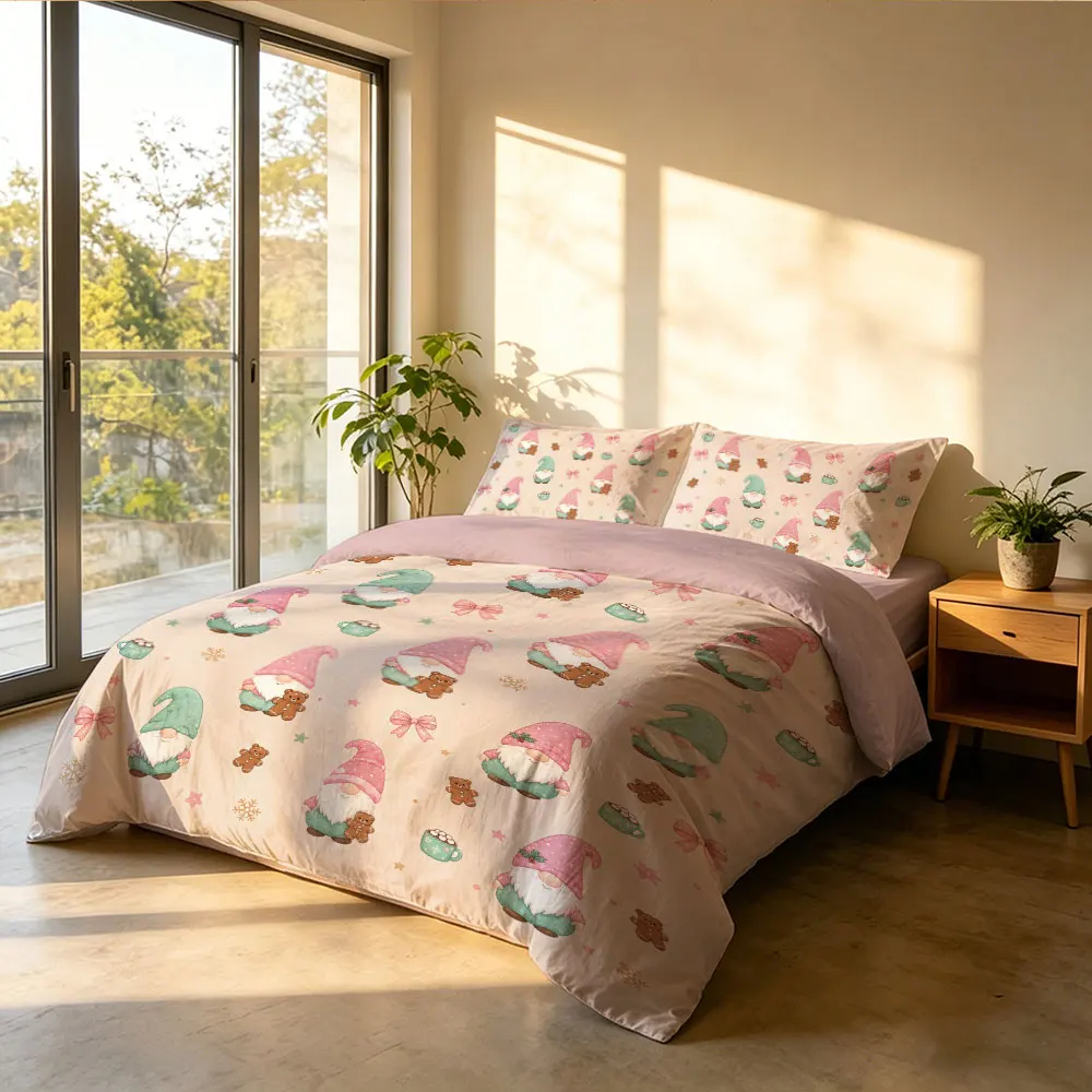 3pcs bedding sets features a pink and green little elf pattern and is decorated with cute designs It can be machine-washed an