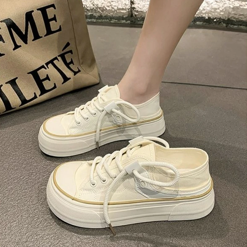 2025 Spring and Autumn New Chunky Sole White Sneakers Round Toe Vintage Canvas Shoes Versatile Casual Outdoor Footwear for Women
