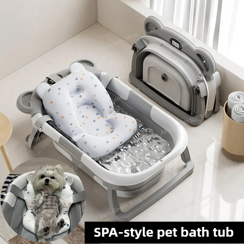 Foldable Pet Bath Basin Spa Cat Small Dog Bath Tub Stand Pet Bathroom Real Time Digital Temperature Sensing Bathtub with Mat
