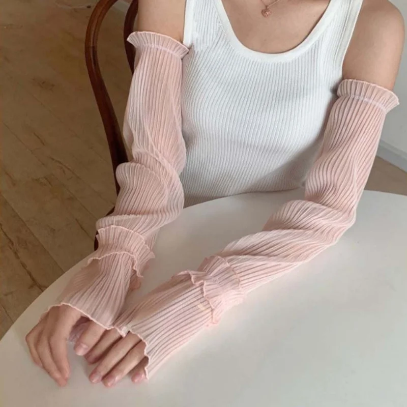 Women Summer Long Lace Fingerless Gloves Arm Warmers Elegant Sun Protection Arm Sleeve Mesh Thin Cooling Driving Cycling Gloves