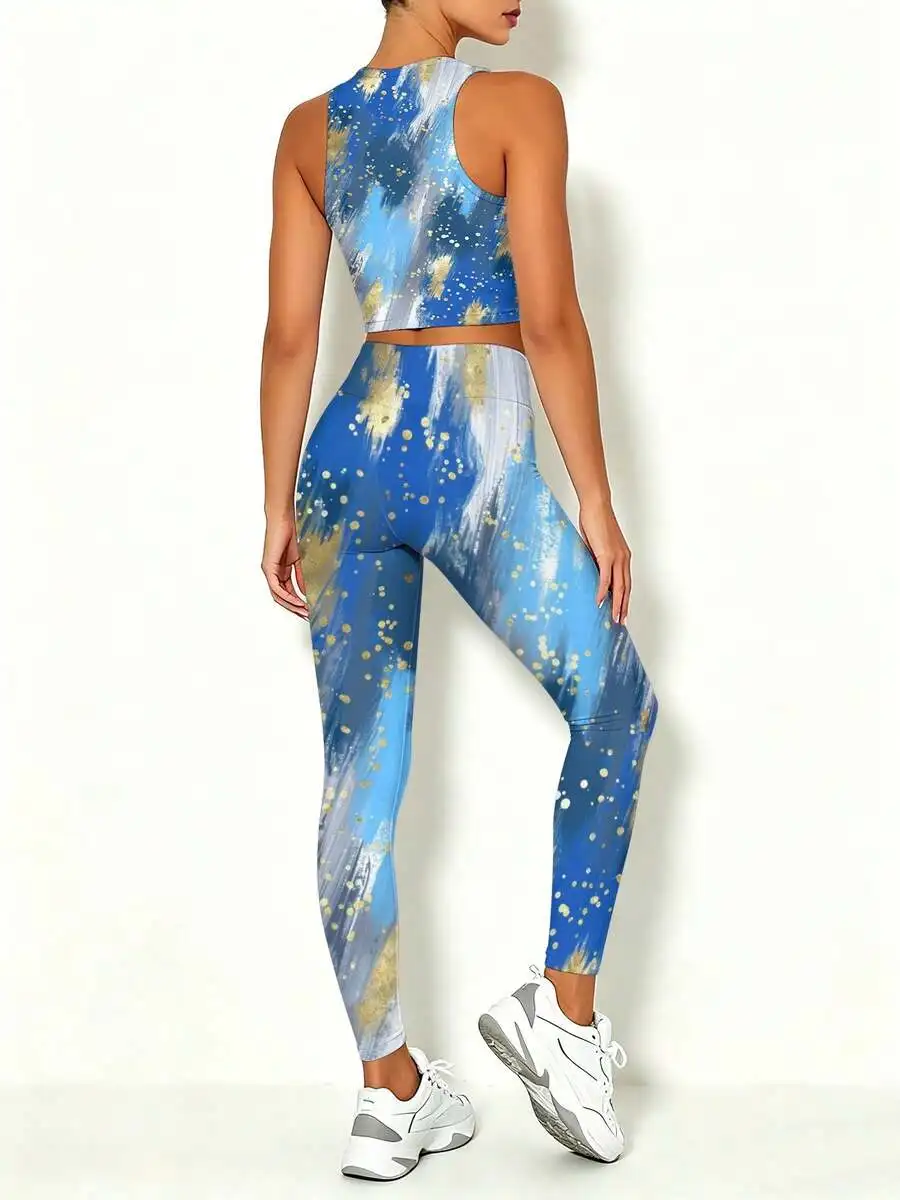 

Womens Slim Fit 3D Printed Yoga Set Vest And Leggings Blue Sky Clouds Stars Pattern