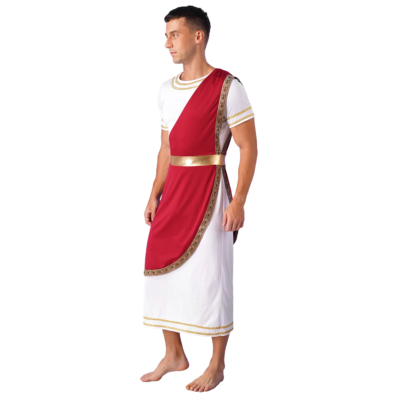 Mens Ancient Greece Roman Toga Robe Halloween Theme Party Caesar King Cosplay Performance Costume Short Sleeve Retro Gold Gown