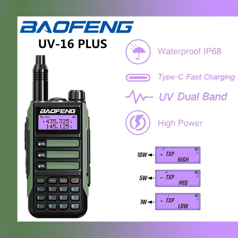 Baofeng UV-16 PLUS 10W Walkie Talkies VHF UHF Dual Band Two Way Radio USB Charger Waterproof Long Range Dual Band Ham Radio