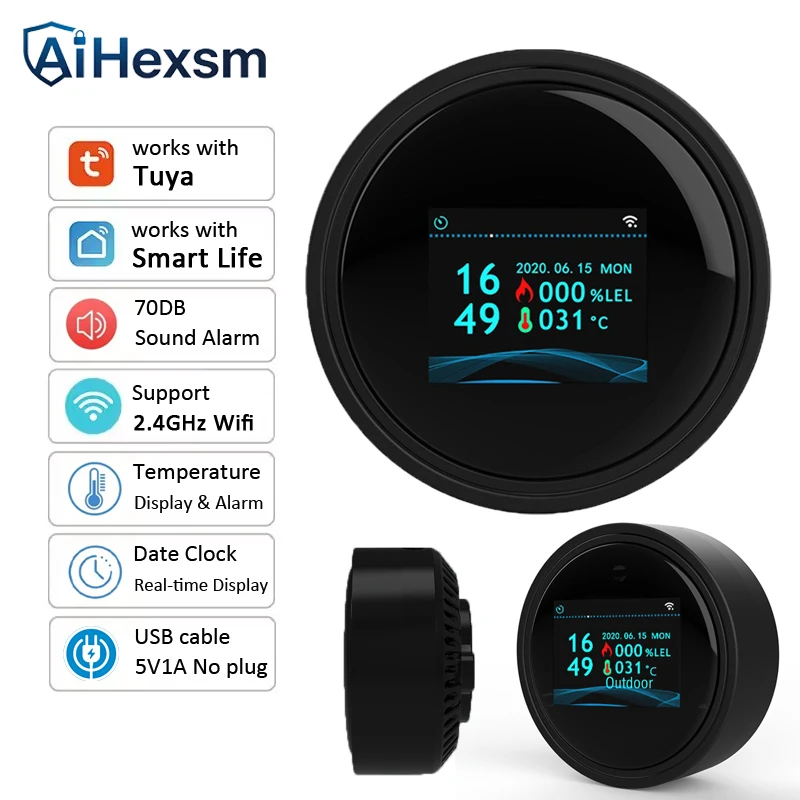 NEW Tuya APP Mini Propane Gas Detector 2.4G WiFi Alarm Color LCD Screen Gas Leak Monitor for Home Kitchen Bathrooms Warehouses