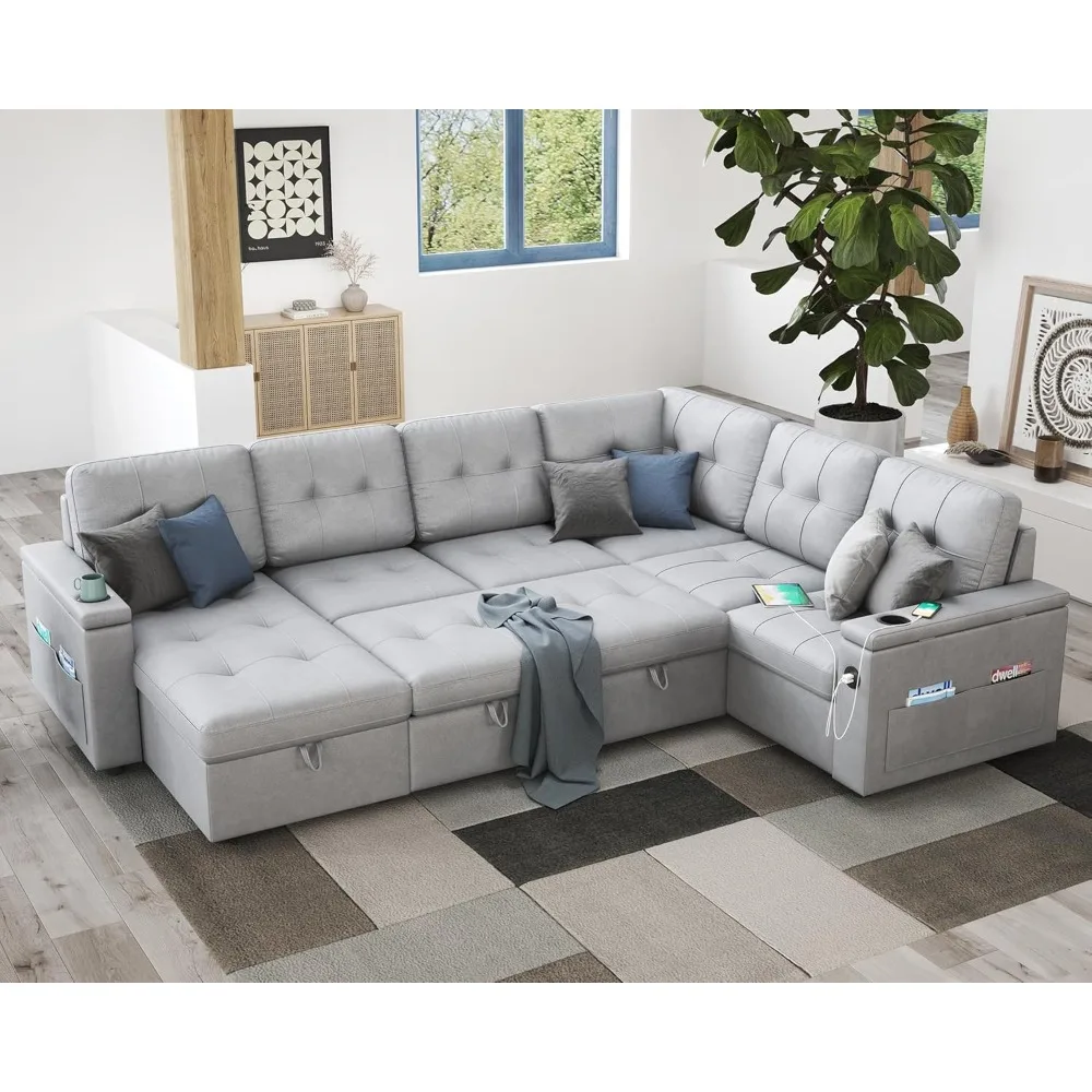 110 Inch Sleeper Sofa, Pull Out Sofa with 2 USB Charge Ports & Cup Holders, Oversized U Shape Tufted Sofa Bed with Stor