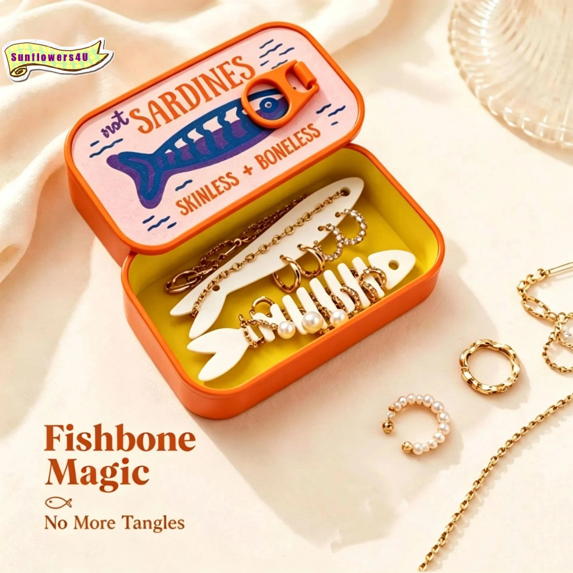 Sardine Tin Jewelry Box 3D Printed Unique Shape Easy Open Lid Necklace Storage Holder for Vanity Countertop Display