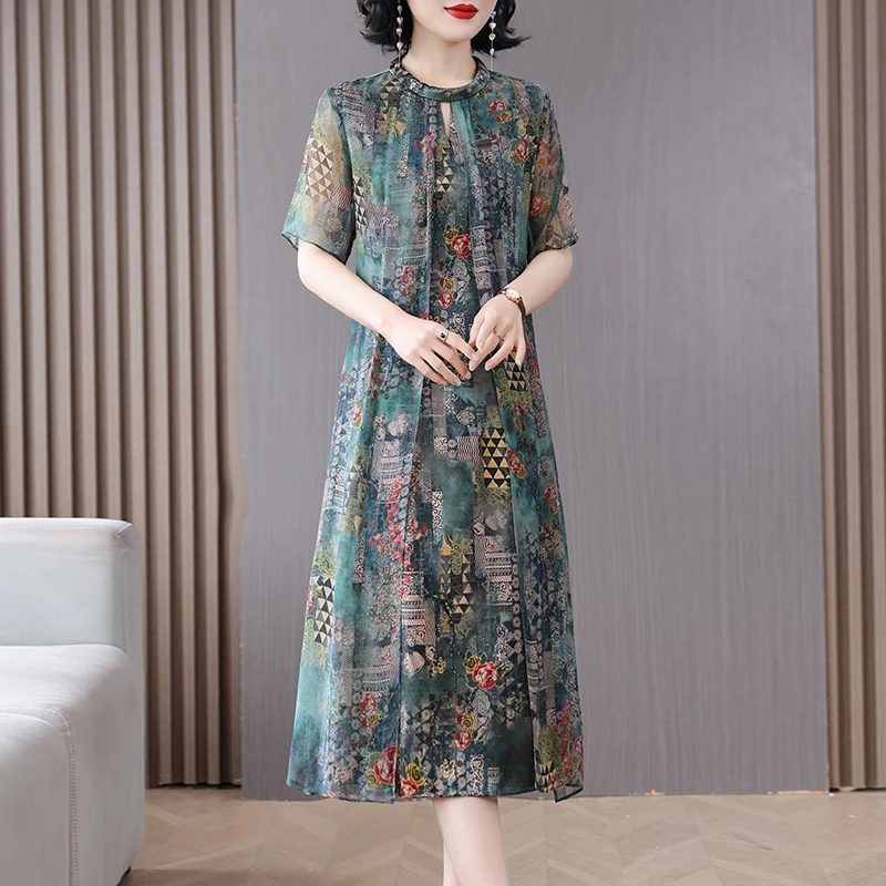 2023 New Fashion Silk Printed Mulberry Silk Dress Summer Retro Large Loose Fit Casual Holiday Knee Length Dress Vestidos