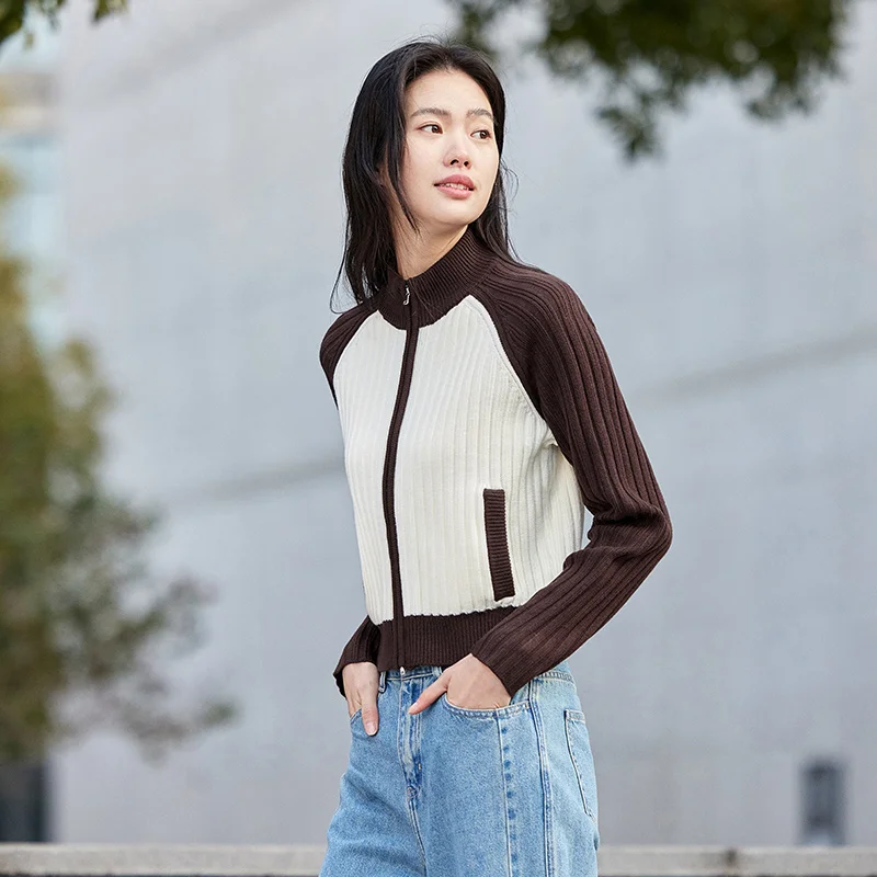 Semir 2024 Knitted Cardigan Women Short Stand-Up Collar Raglan Sleeves 2024 New Spring Temperament Contrasting Loose Sweater