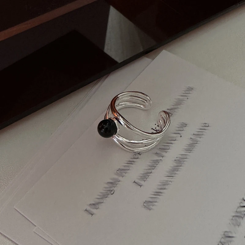 VENTFILLE Silve Color Black Agate Ring for Women Girl Gift Overlapping Multilayer Fashion Trend Jewelry Dropshipping Wholesale