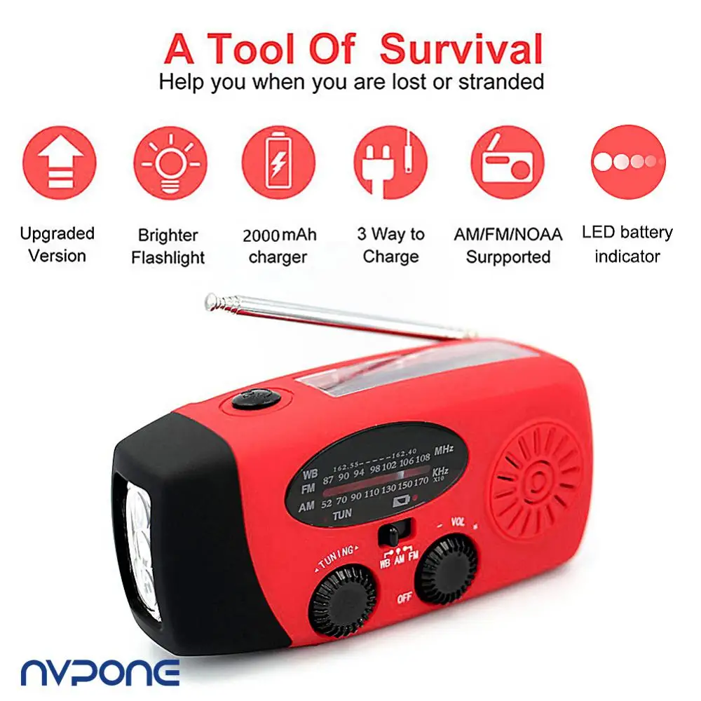 FM AM WB NOAA Weather Radio 2000mAh High Capacity Radios USB Charging Emergency Portable LED Flashlight Solar Hand Crank Radio