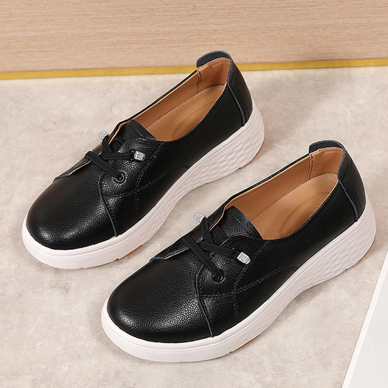 Spring Autumn Women Comfortable White Shoes for Work Thick Heel Platform Genuine Leather Shoes for Woman Nurse Shoes WSH5732 view 5