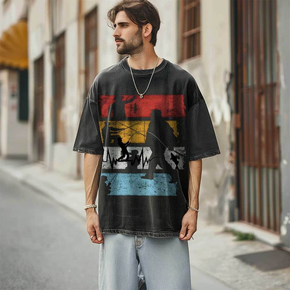 تي شيرت أنماط فريدة من نوعها لصيد السمك، ملابس نسائية، تي شيرت مغسول، كاجوال نسائي، رسومات Y2k، مرسومة يدويًا، طراز ريترو خارجي