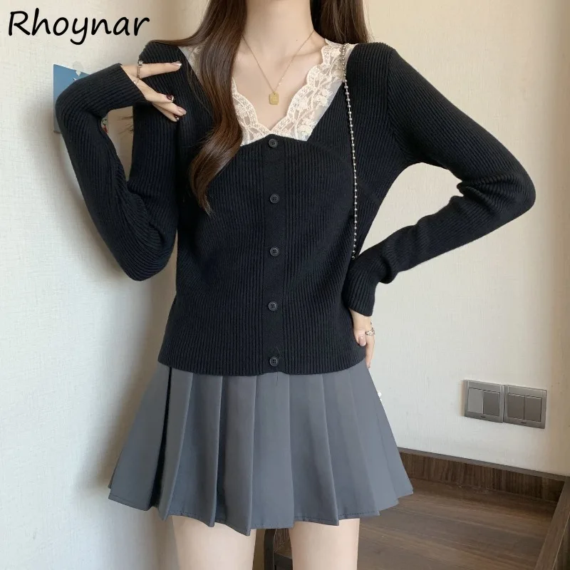 

Pullovers Women Korean Fashion Button Design V-neck Lace Trendy Graceful Tops All-match Leisure Temperament Autumn Ladies Chic