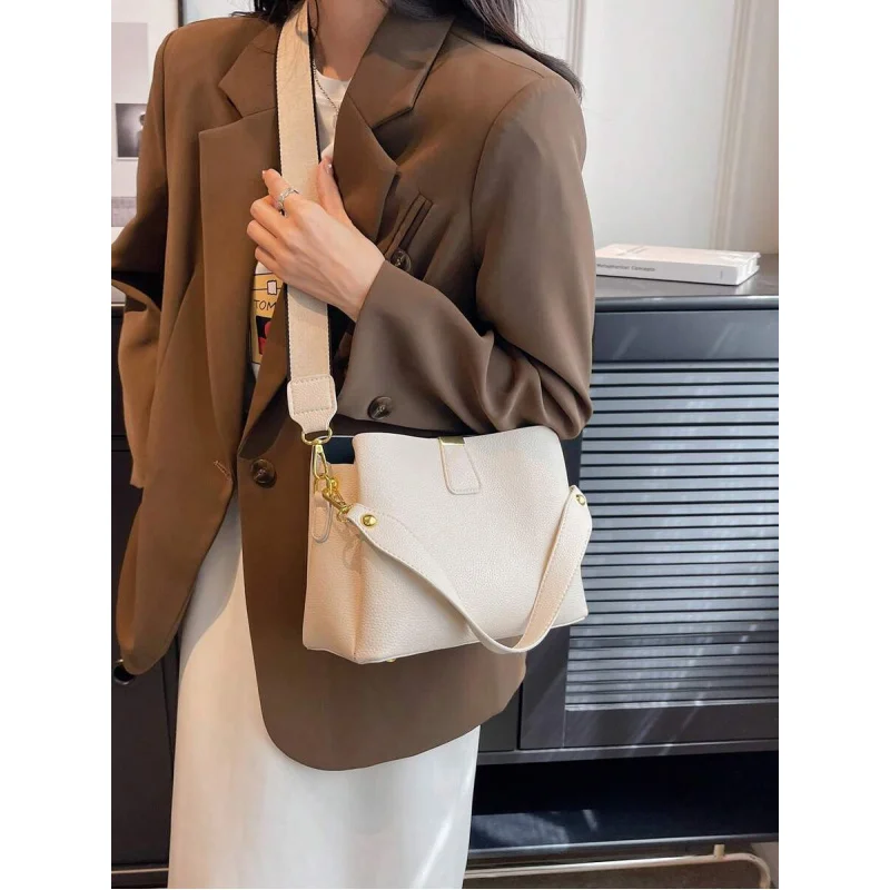 

Модная элегантная однотонная женская многослойная сумка из искусственной кожи с широким ремешком, сумка через плечо