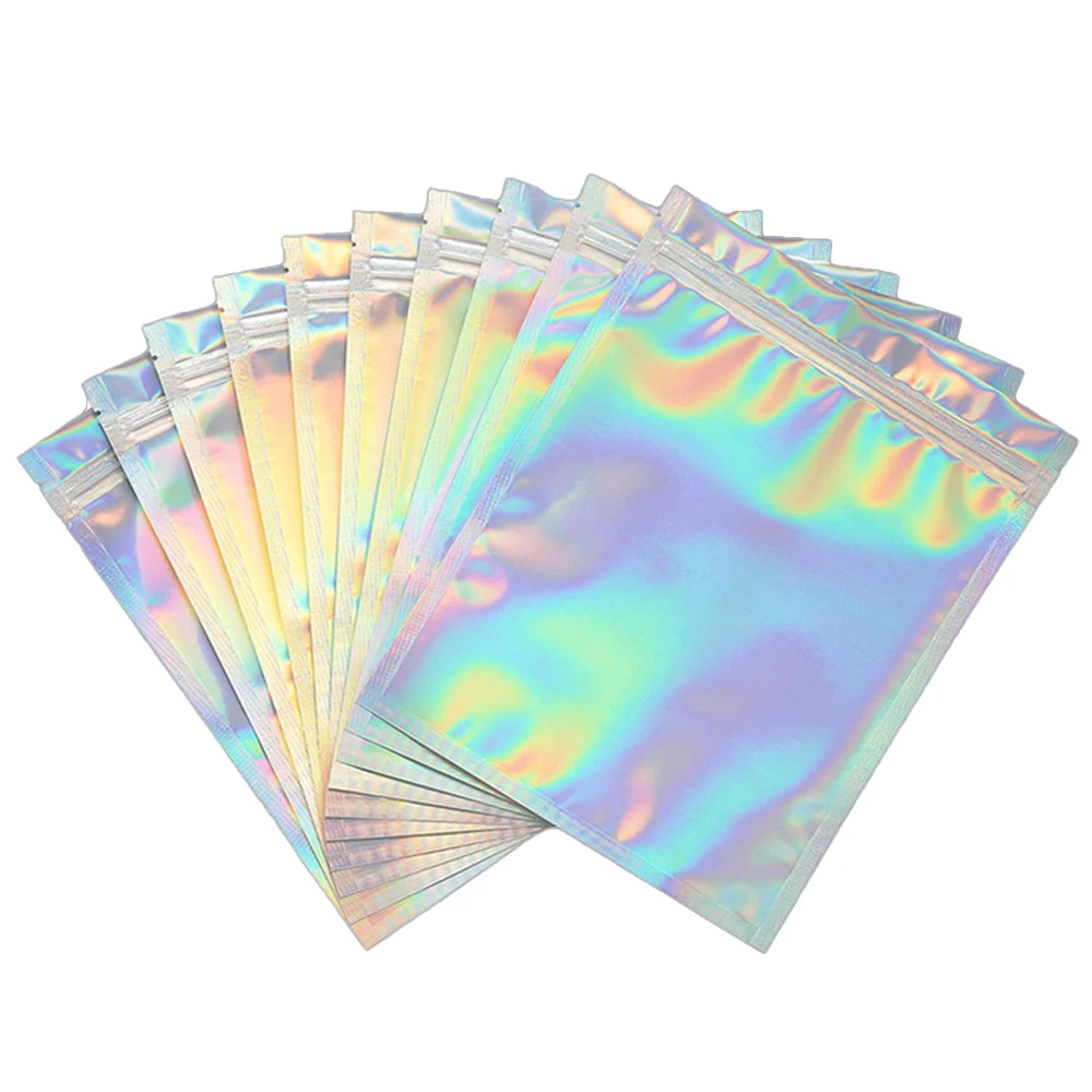 10pcs Holographic Rainbow Resealable Smell Proof Bags Foil Pouch Ziplock Party Favor Food Jewelry Storage Packaging Supplies