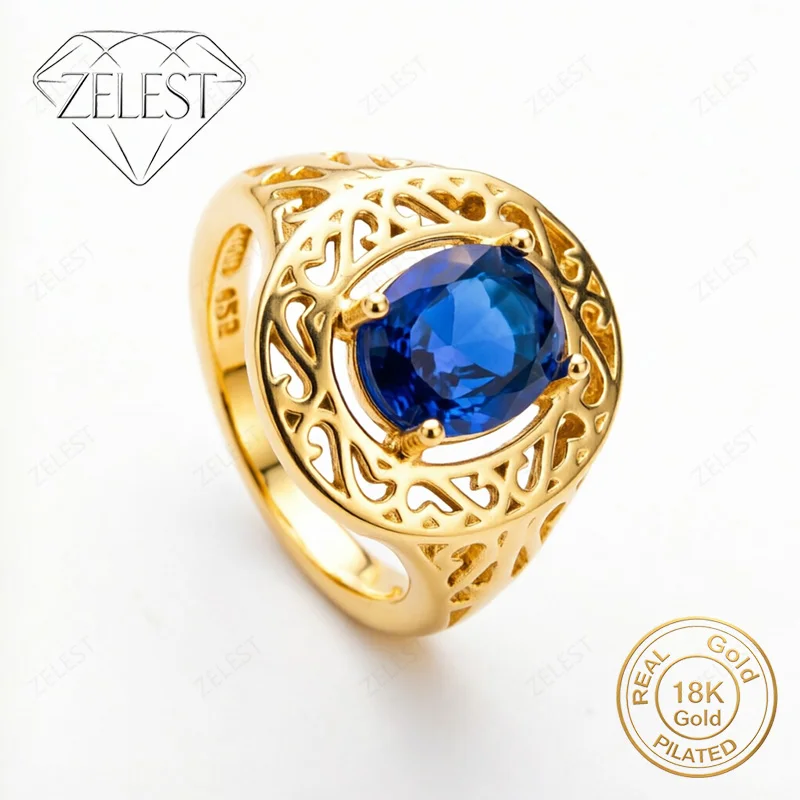Plata de Ley 925 Chapada en Oro de 18K 8 #   Exquisito Anillo de Circonio Azul, Accesorios de Moda para Mujer, Regalo de Joyería
