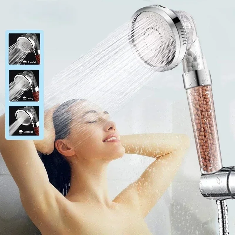 Bathroom Shower Head High Pressure Water Saving with On/Off Switch Stop Button Ionic Mineral Anion 3 Modes Handheld Showerheads