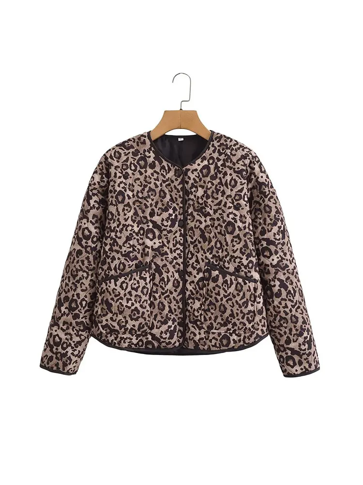 TRAF 2024 Autumn Retro Leopard Print Pockets Coats For Women Fashion Casual Long Sleeve Bomber Jacket Female Chic Outerwear